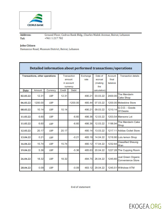 Relevé de la Banque Cedrus du Liban xls